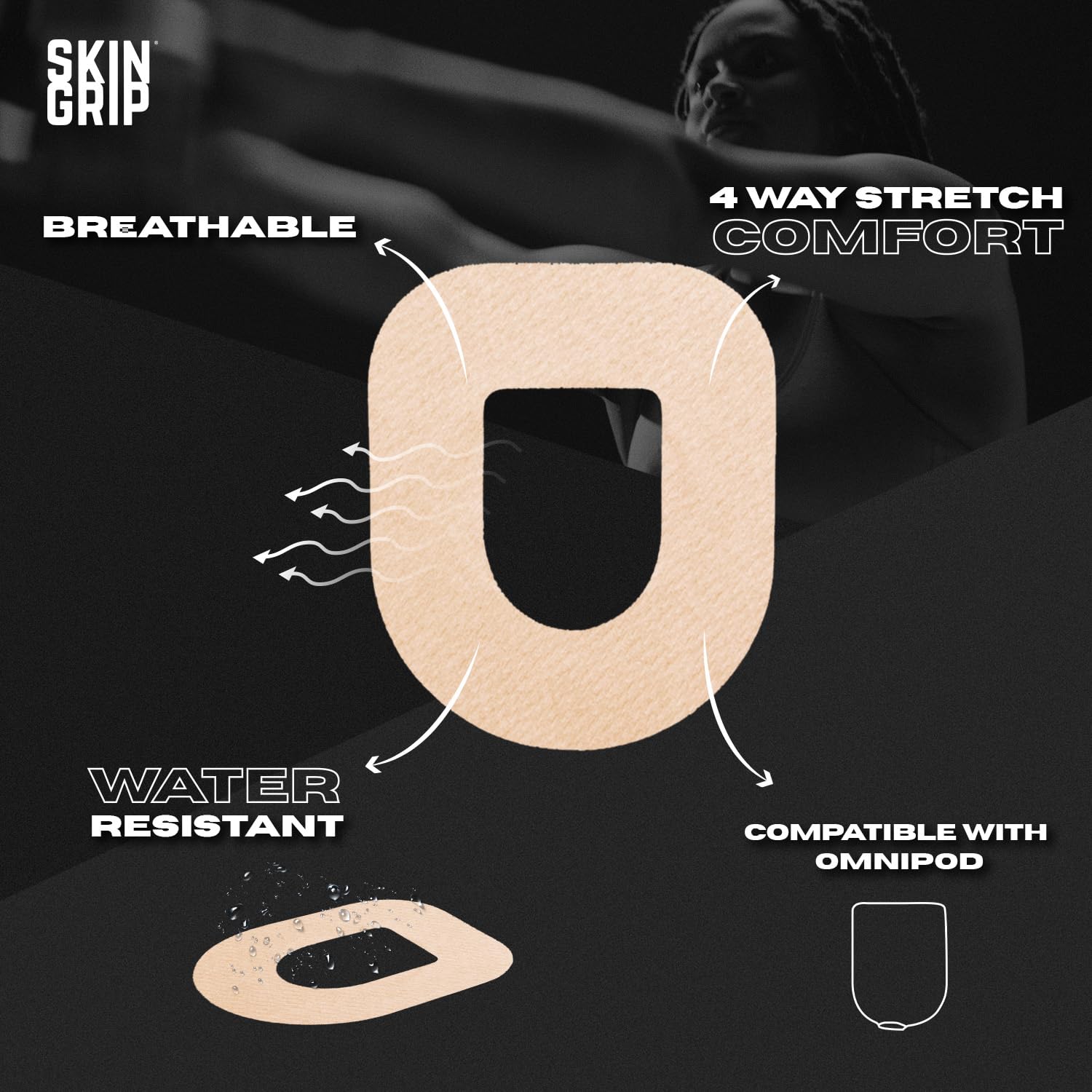 Skin Grip Omnipod 5 patch demonstrates waterproof adhesion during activity