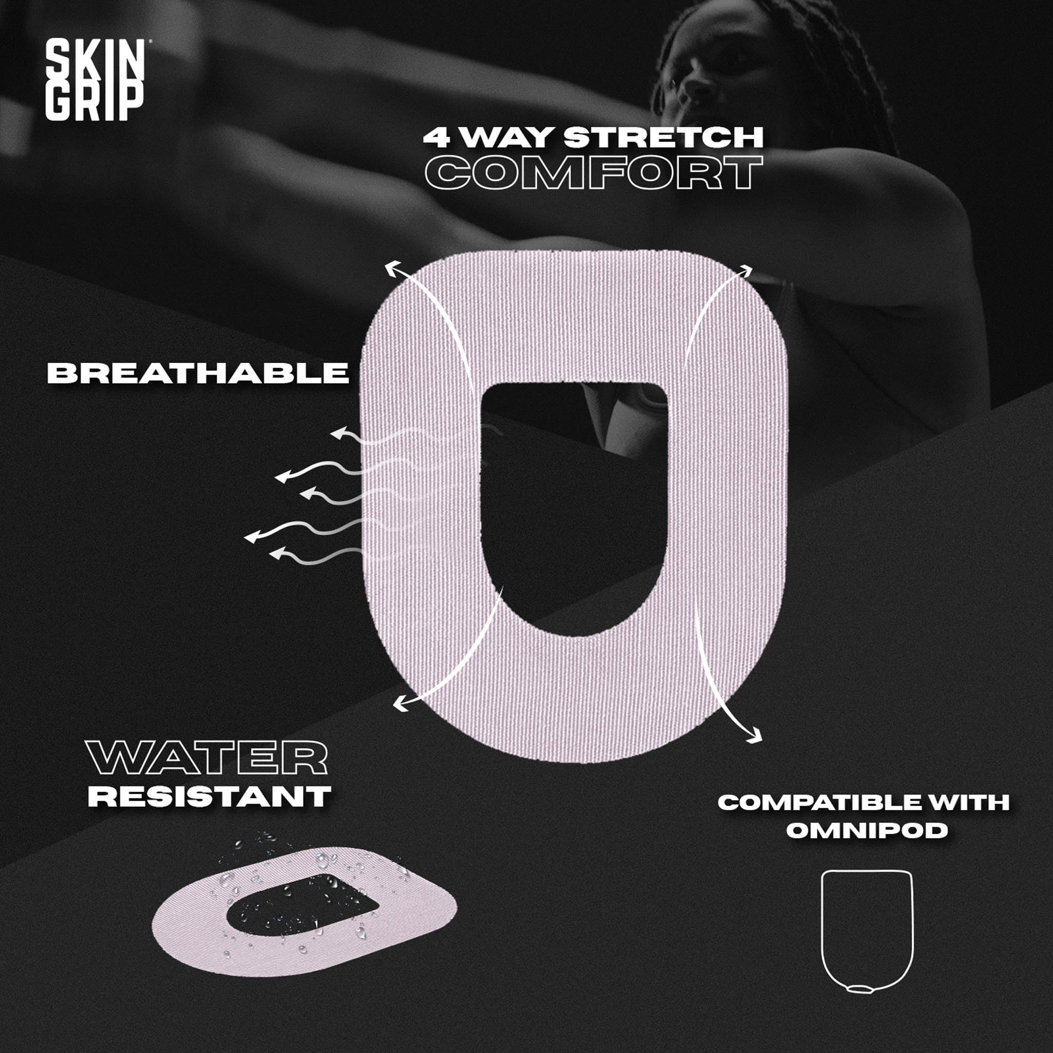 Skin Grip Omnipod 5 patch stays secure during workouts and sweating.