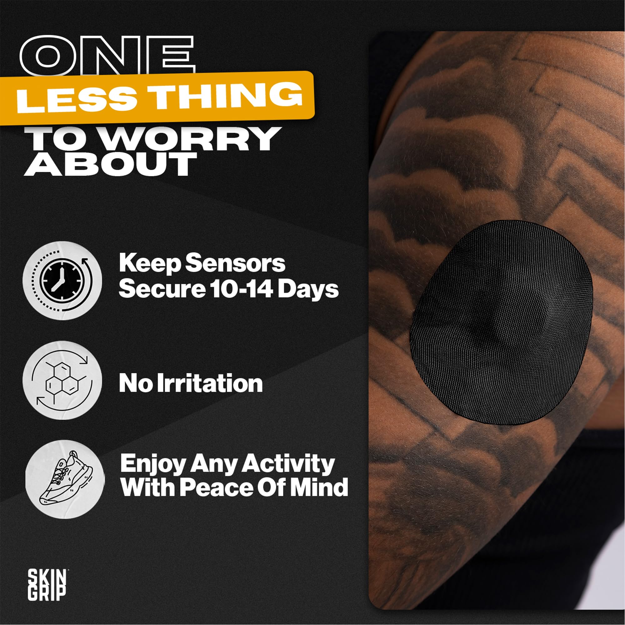 Skin Grip patch application step shows breathable, skin-friendly design for comfortable wear.