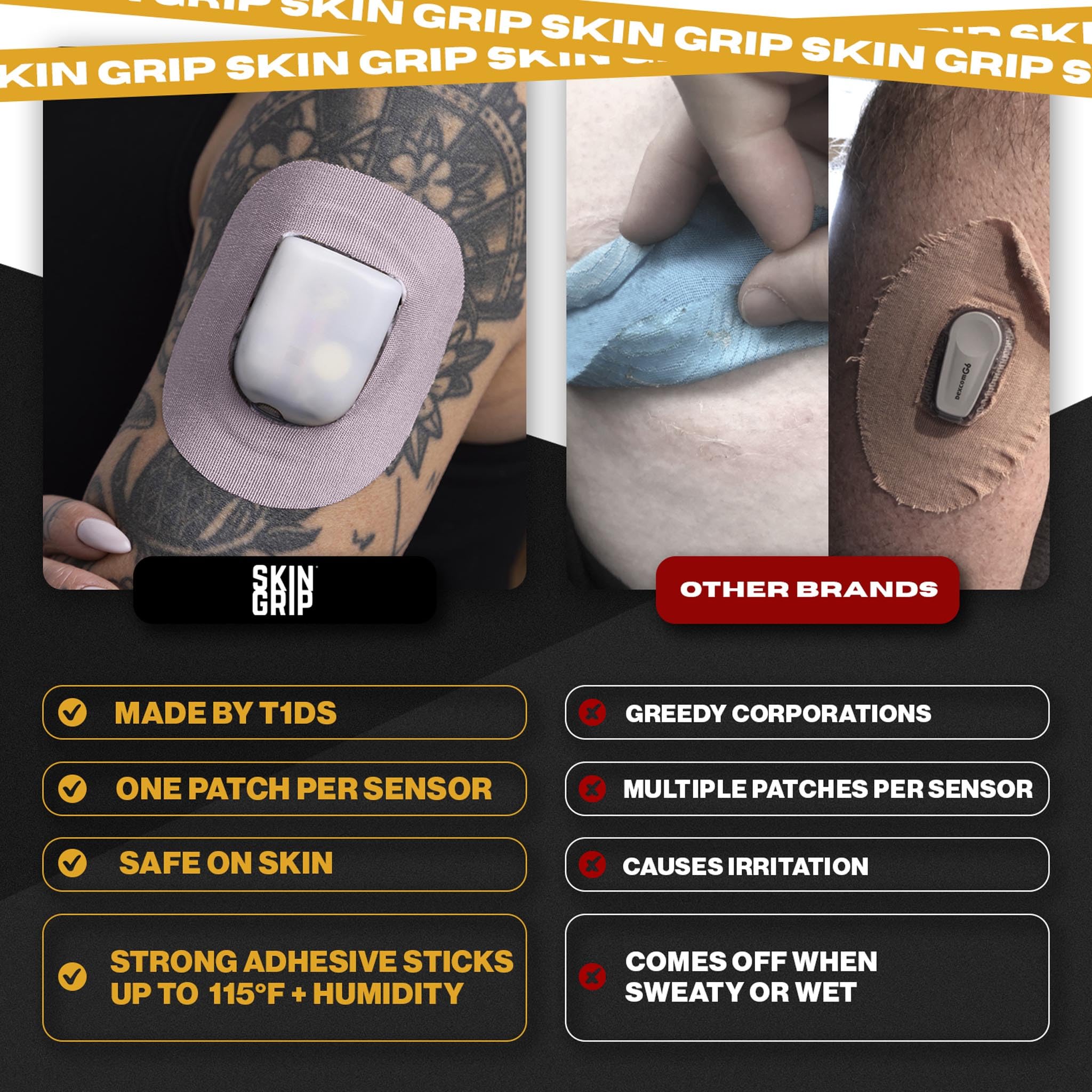 Skin Grip pre-cut medical tape supports easy, precise patch placement.