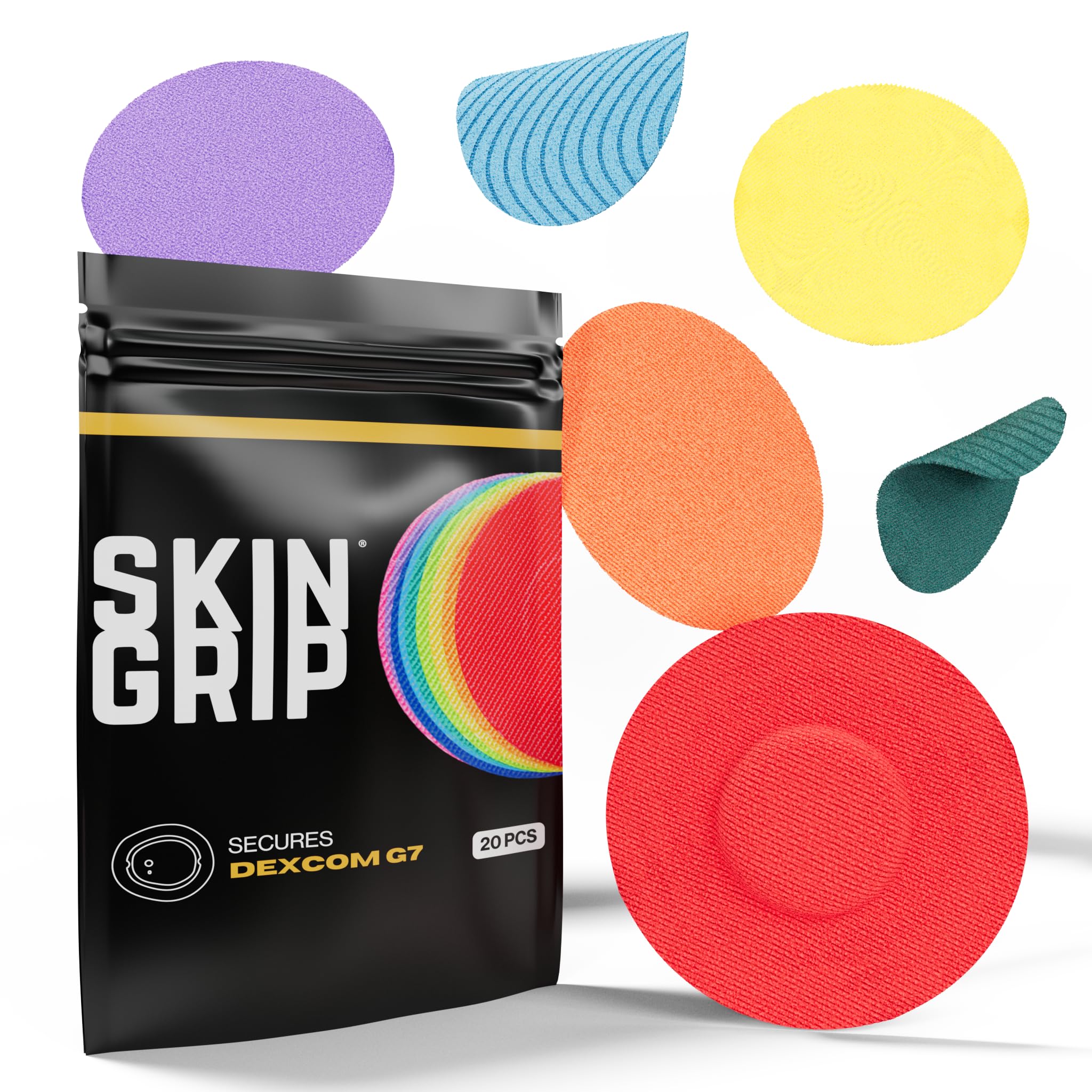 Skin Grip Rainbow Pack packaging showcases a vibrant CGM patch kit designed for extended wear.