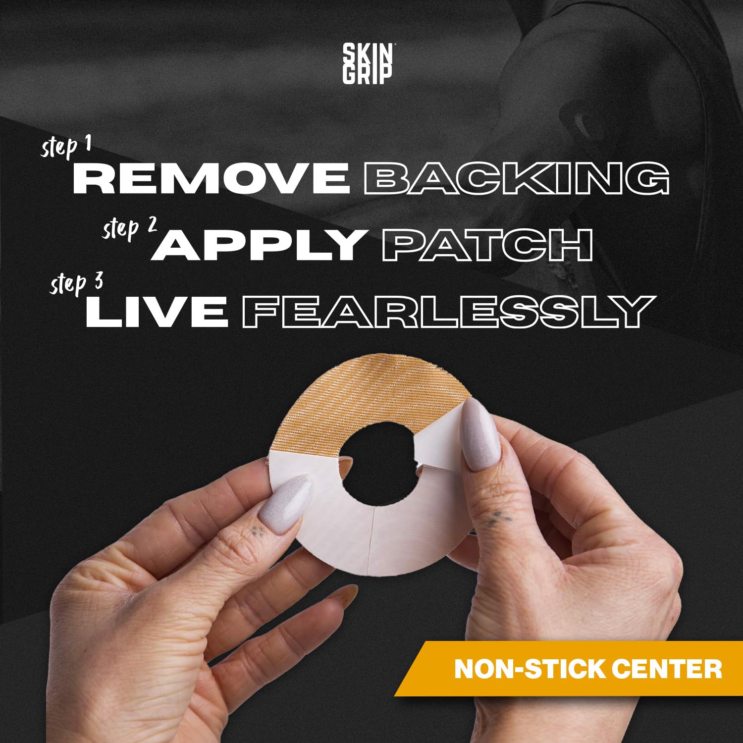 Skin Grip patch tan color blends with skin for discreet wear