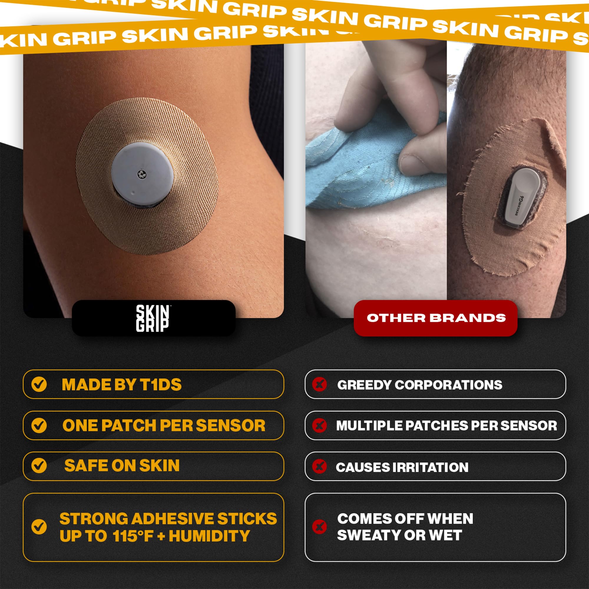 Waterproof Skin Grip adhesive tape guards against sweat and water during activities.