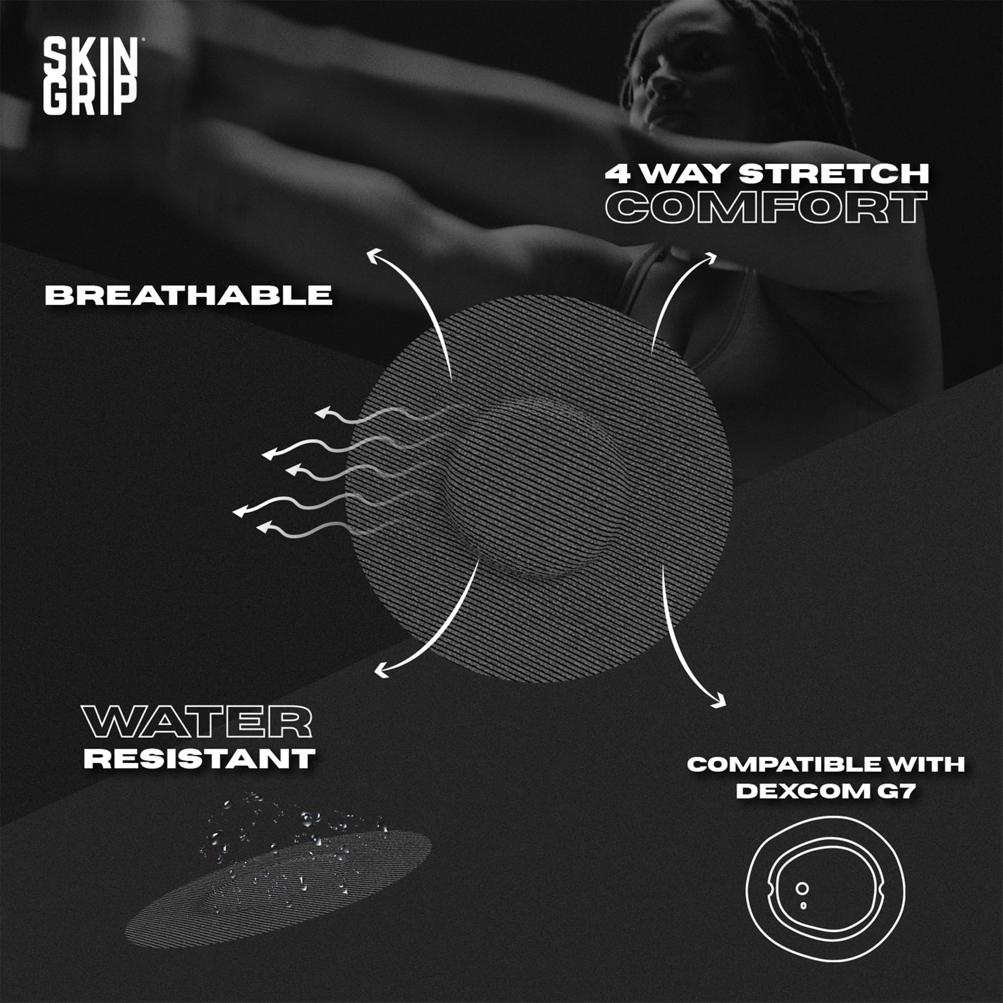 Skin Grip patch on Dexcom G7 provides waterproof protection for active days.