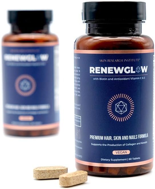 Skin Research Institute Renewglow label closeup with details for healthy hair, skin, and nails
