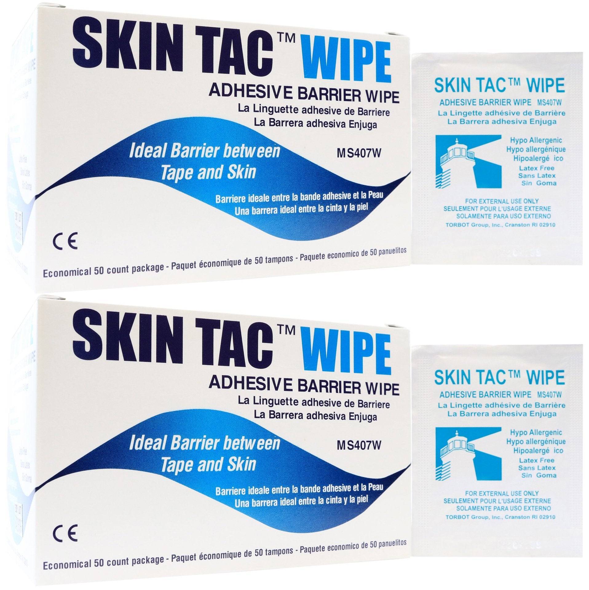 Skin-Tac Adhesive Barrier Wipes two-box pack showing packaging, ideal skin prep before adhesive applications