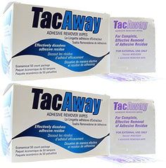Skin-Tac Tacaway wipes box front for easy adhesive removal and skin safety.