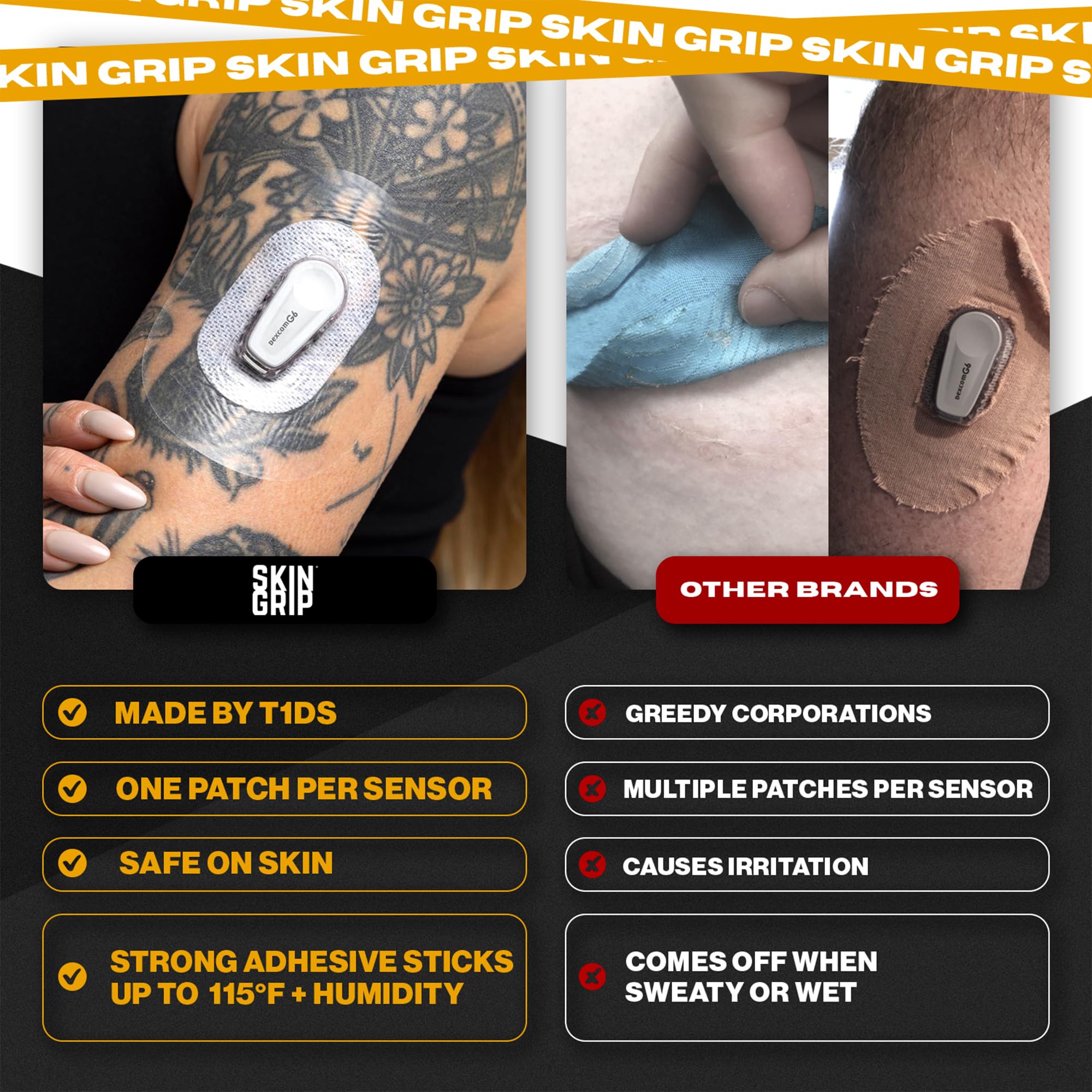 Skin Grip long-lasting adhesion lasts 10-14 days for dependable CGM protection
