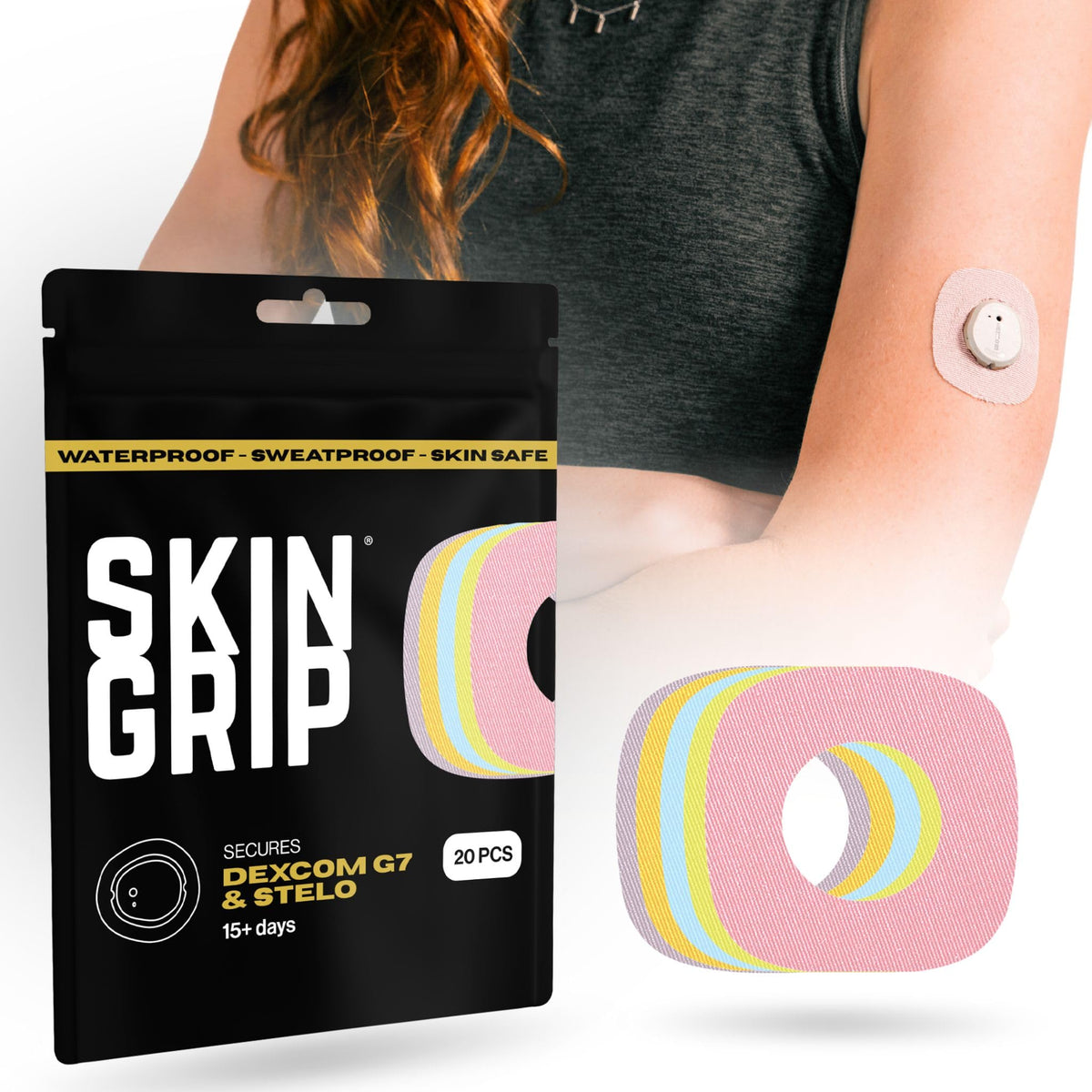 Skin Grip Dexcom G7 patch close-up showing secure adhesion for reliable CGM wear