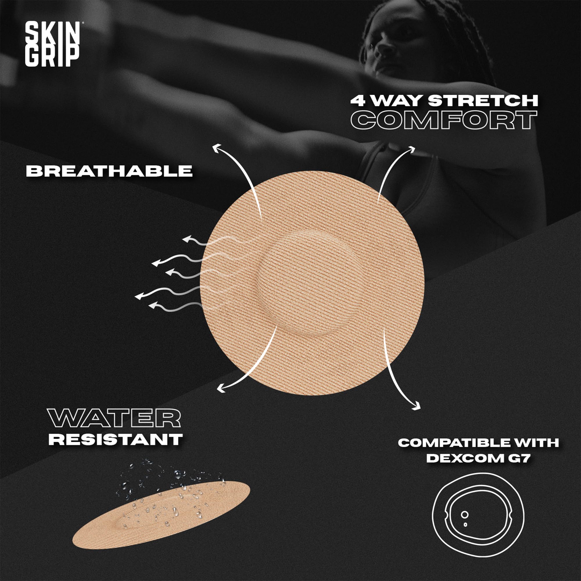 Skin Grip patch on Stelo CGM assembly provides waterproof protection during showers and workouts