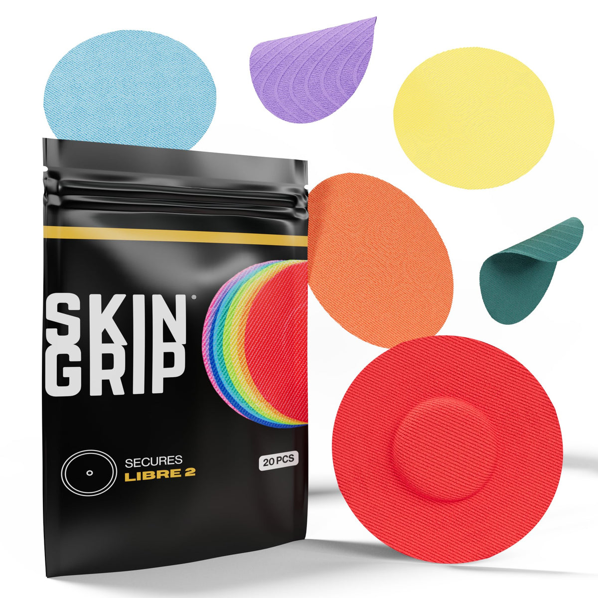 Skin Grip rainbow-pack on a Freestyle Libre 2 sensor cover for secure adhesion during activity.