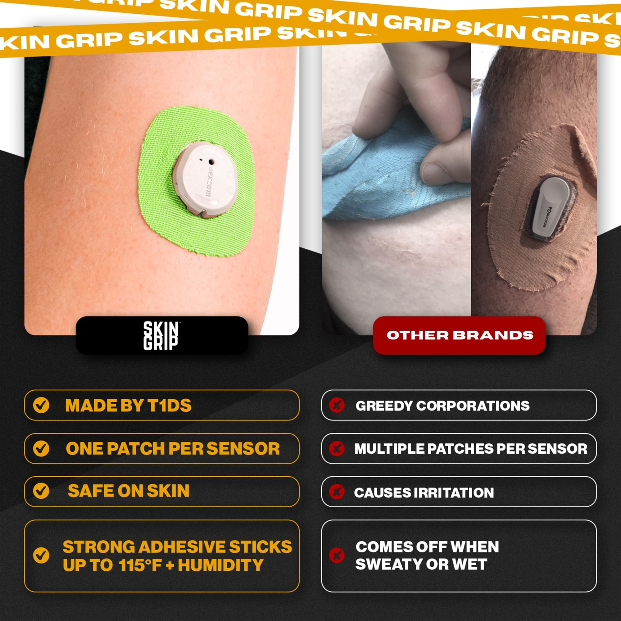 Breathable, hypoallergenic Skin Grip patches minimize skin irritation during long wear.