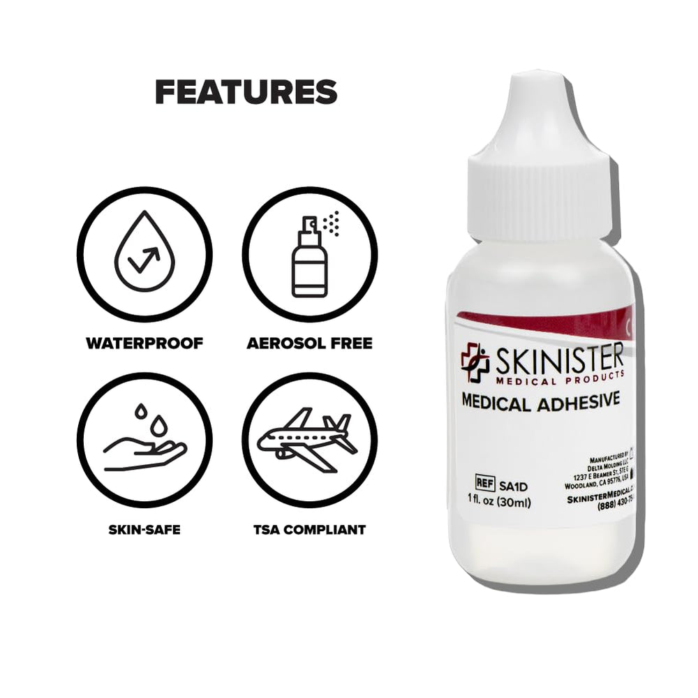 Silicone-based Skinister glue resists moisture for longer wear during activities.