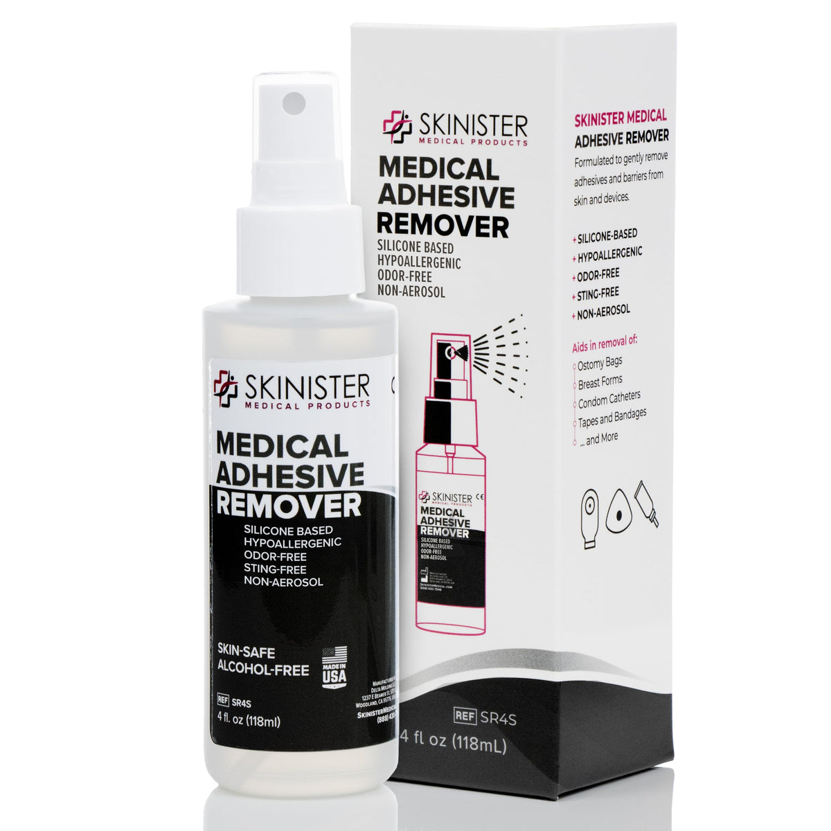 Skinister Medical Adhesive Remover bottle demonstrates gentle, sting-free removal for skin.
