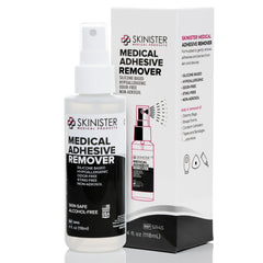 Skinister Medical Adhesive Remover bottle demonstrates gentle, sting-free removal for skin.