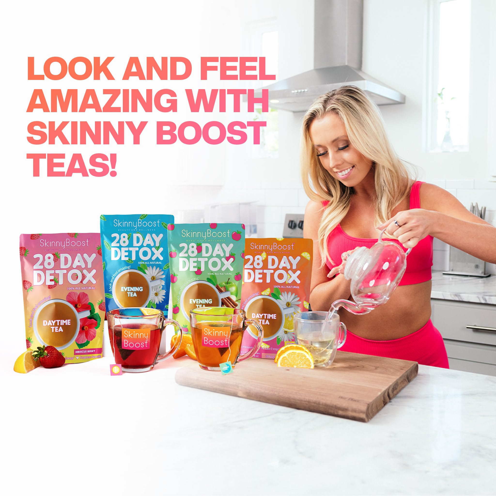 SkinnyBoost 28-day detox plan visual for a wellness routine.