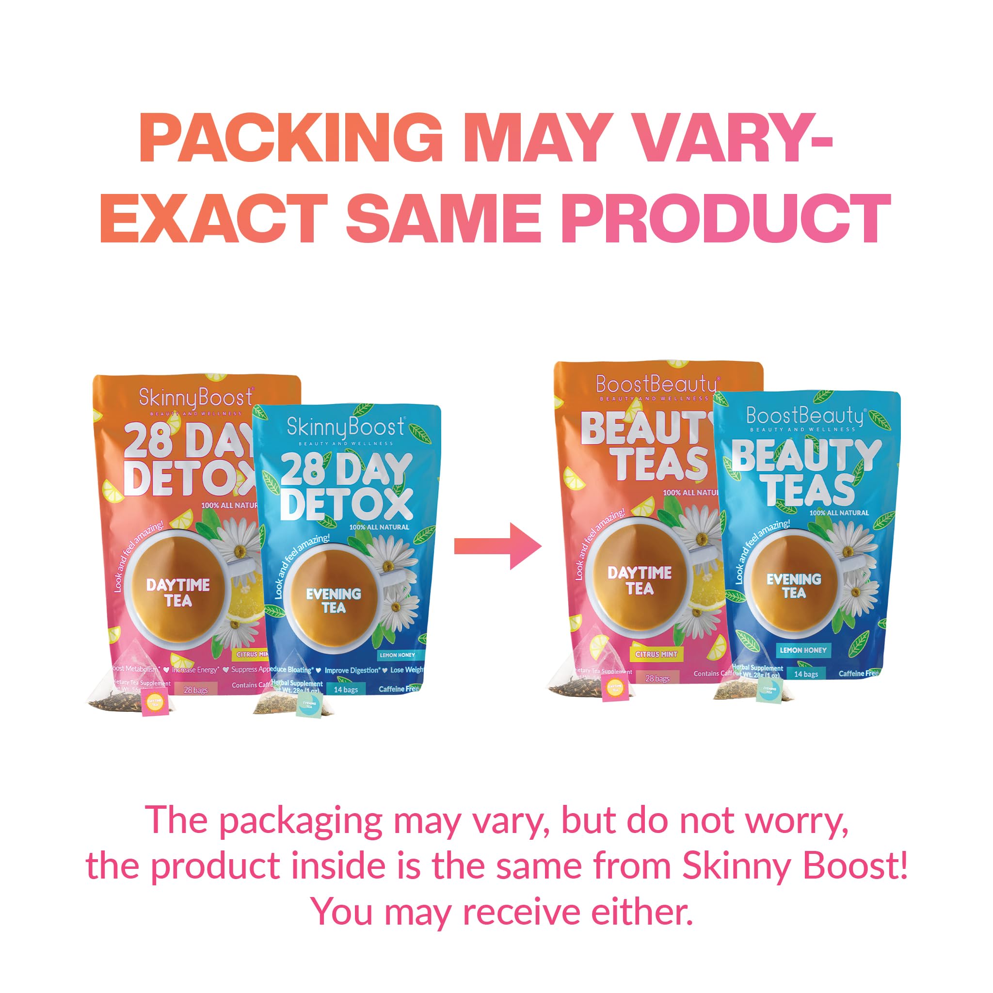 SkinnyBoost Evening Tea Bags beside a mug for a gentle digestion support.