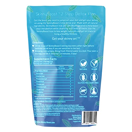 SkinnyBoost Evening Tea bags close-up highlighting natural ingredients and flavor.