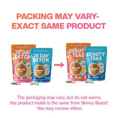 SkinnyBoost Evening Tea Bags beside a mug for a gentle digestion support.