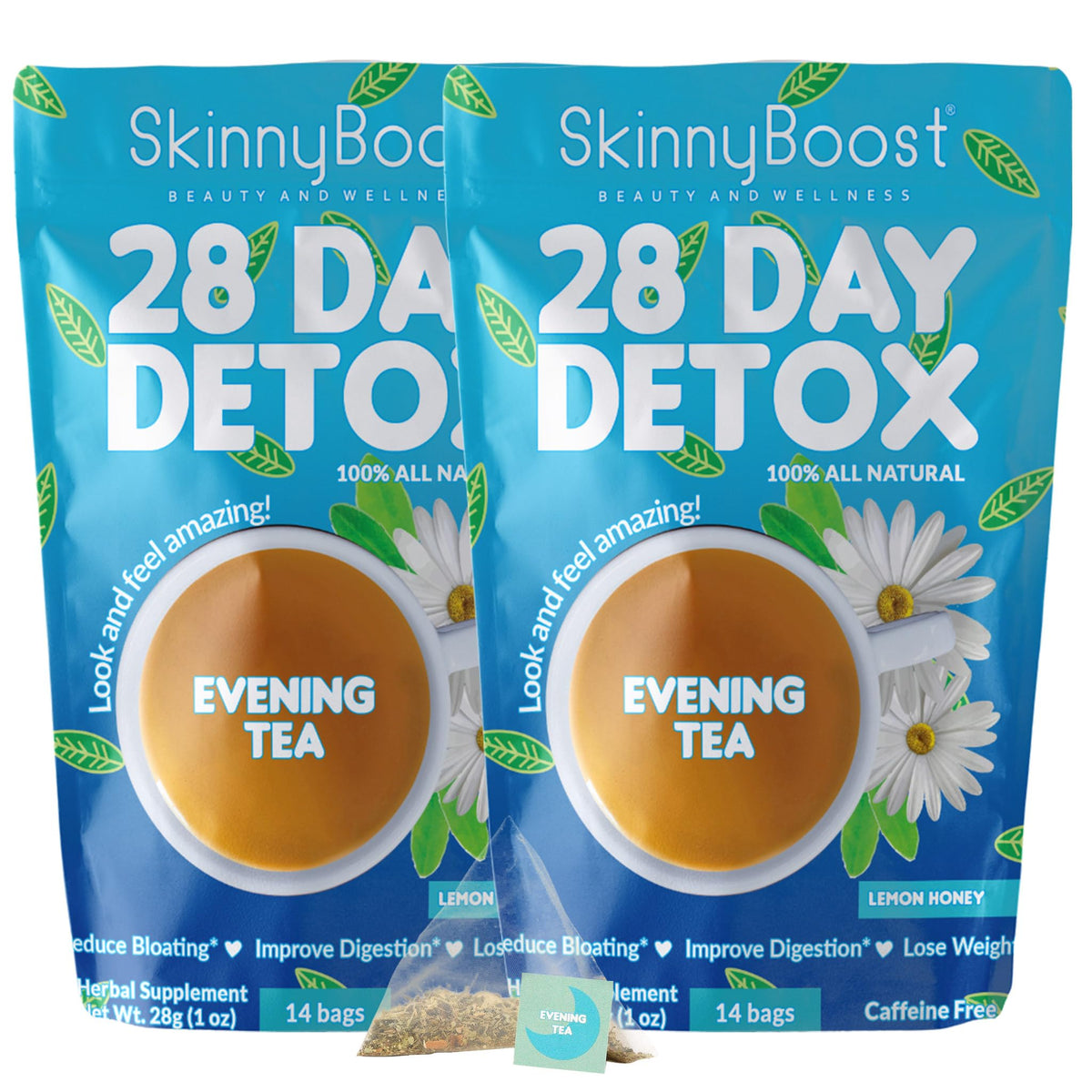 SkinnyBoost Evening Tea pack visual highlighting a convenient two-pack detox option.