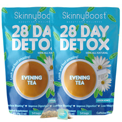 SkinnyBoost Evening Tea pack visual highlighting a convenient two-pack detox option.