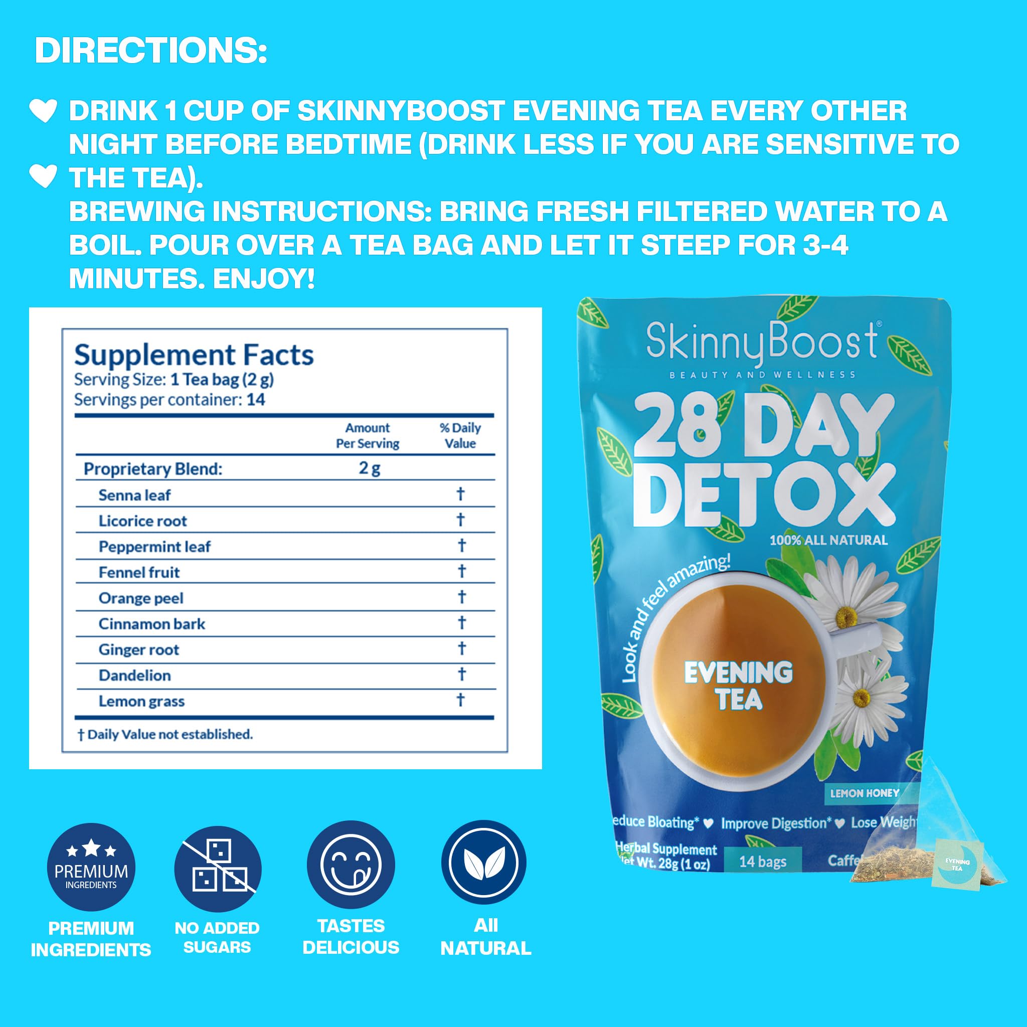 SkinnyBoost packaging box showcasing all-natural, vegan formula.