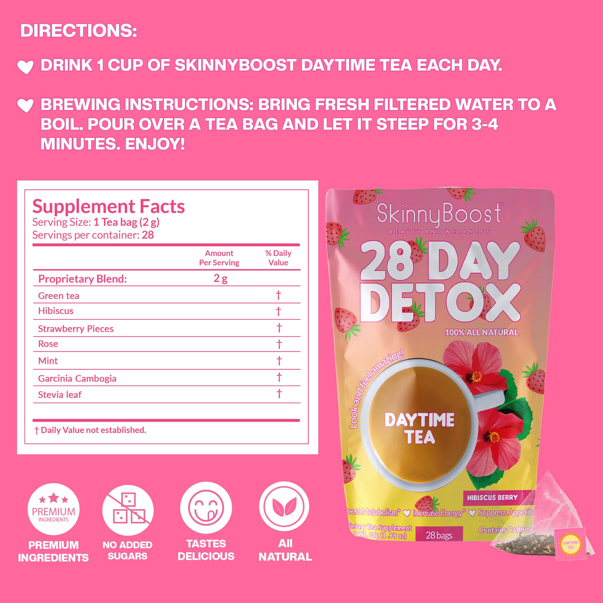 SkinnyBoost tea bags individually wrapped for on-the-go detox