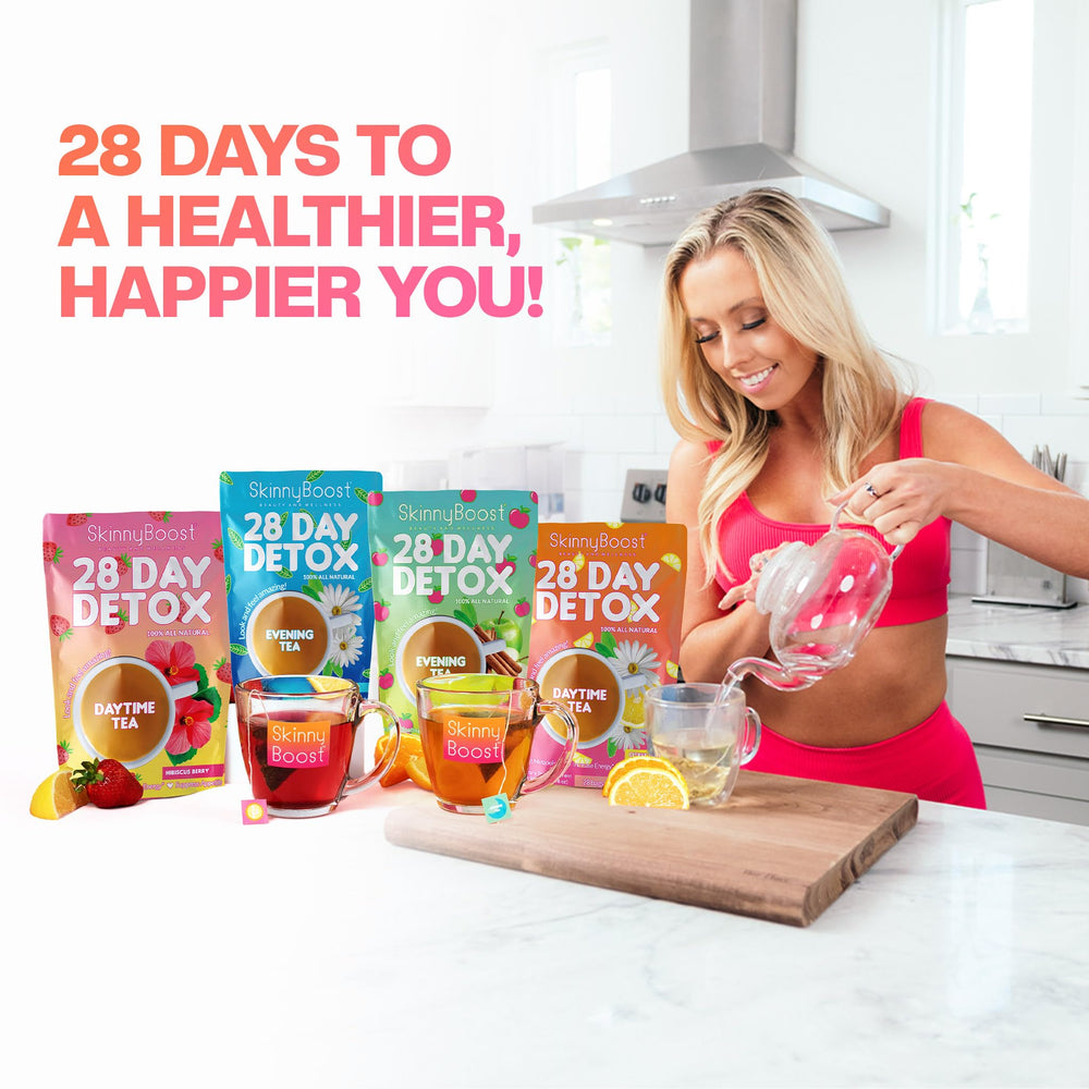 SkinnyBoost Two-Step Detox Plan visual highlighting Daytime and Evening steps.
