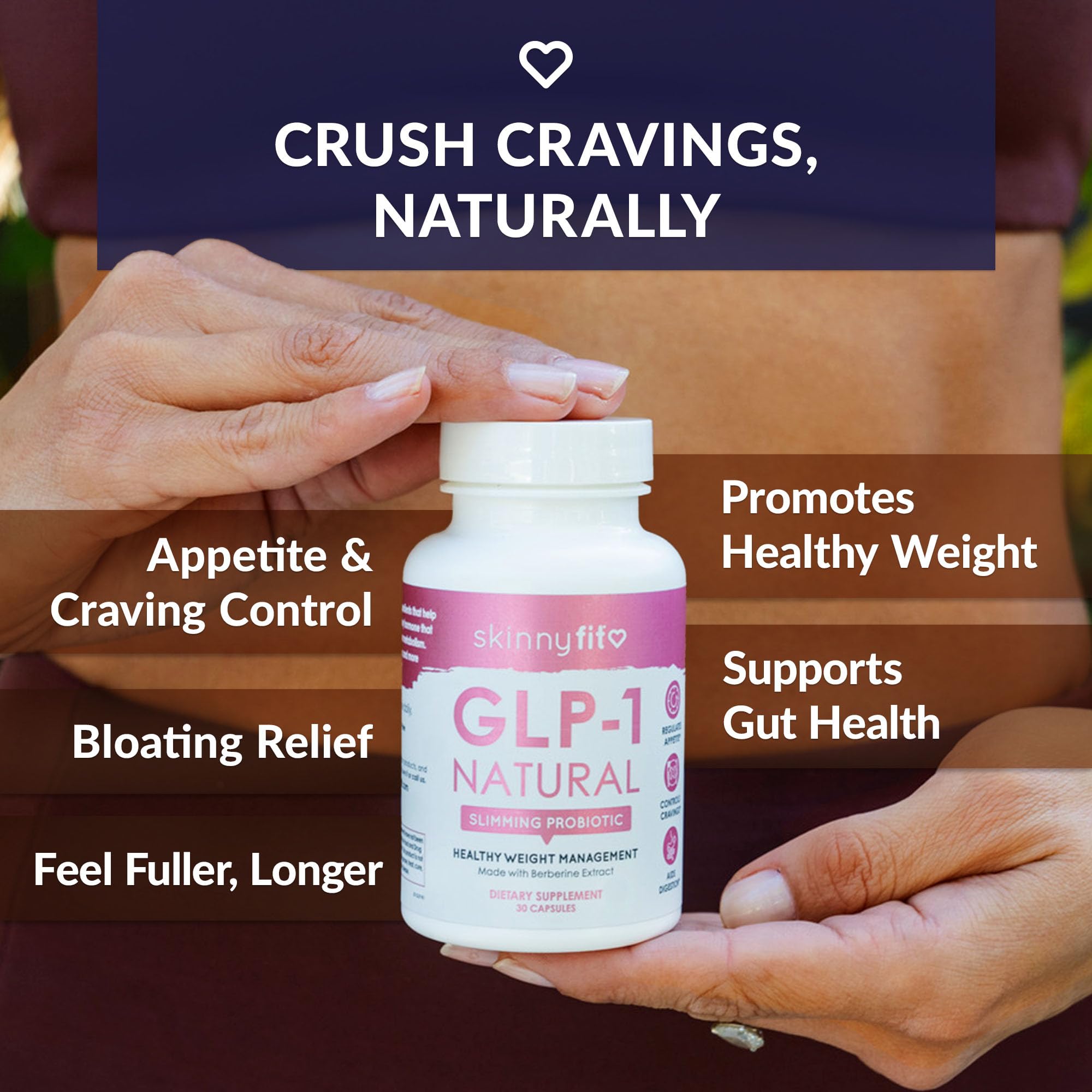SkinnyFit GLP-1 Natural berberine bottle highlighting metabolism support.
