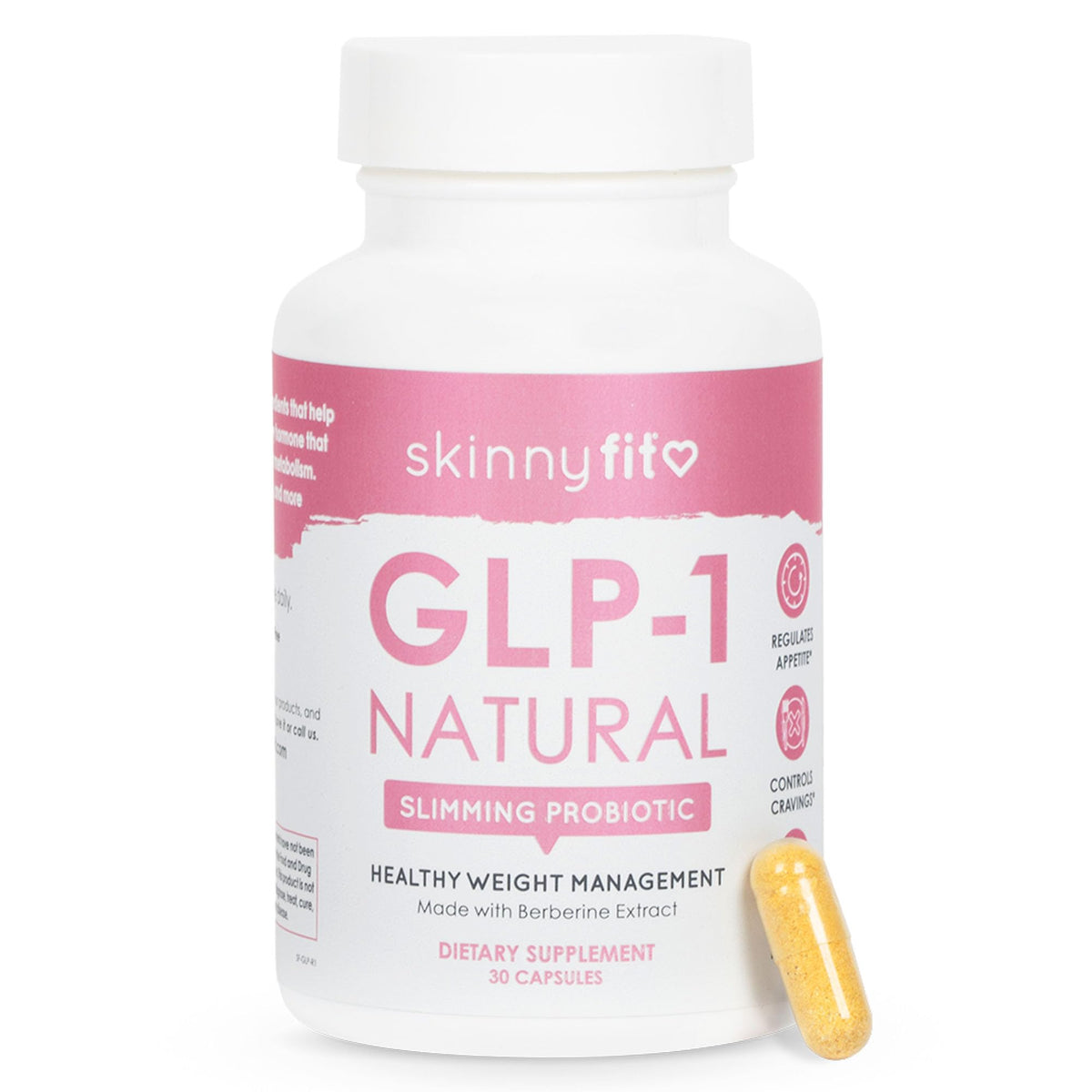 SkinnyFit GLP-1 Natural bottle with appetite-control capsules.