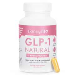 SkinnyFit GLP-1 Natural bottle with appetite-control capsules.