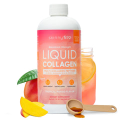 SkinnyFit Liquid Collagen Tropical Mango bottle highlighting multi-collagen benefits for skin