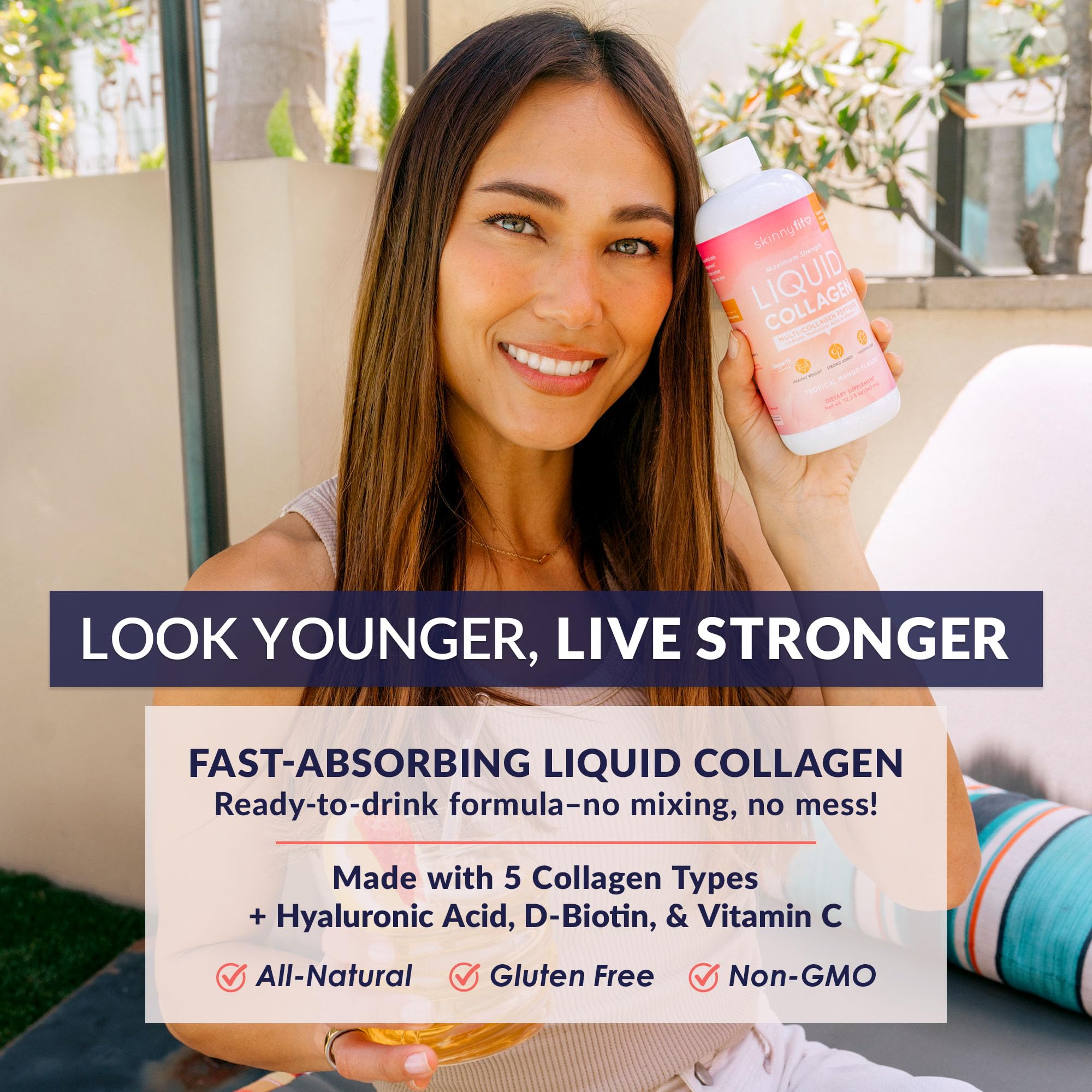 Pouring SkinnyFit Liquid Collagen Tropical Mango into a glass for a quick daily sip