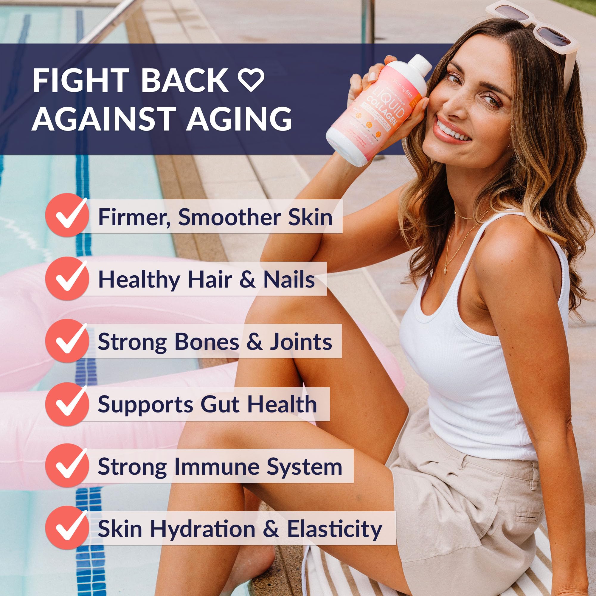 Close-up of SkinnyFit Liquid Collagen ingredients including hyaluronic acid and biotin