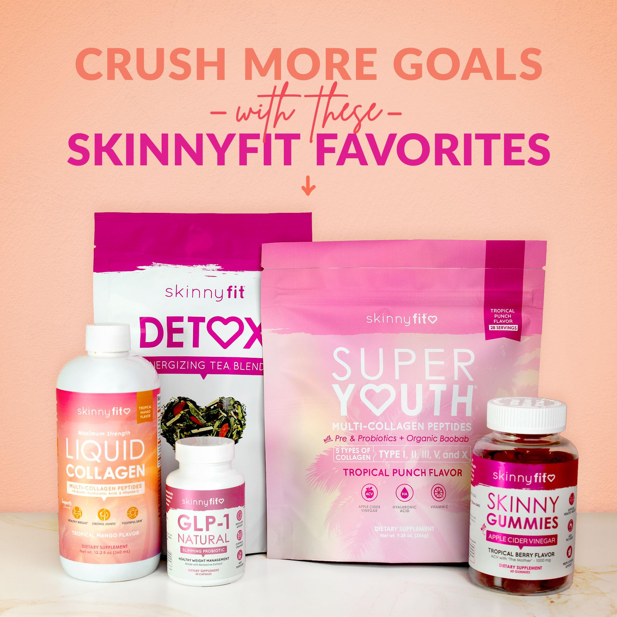 SkinnyFit Liquid Collagen Tropical Mango on the counter ready to sip