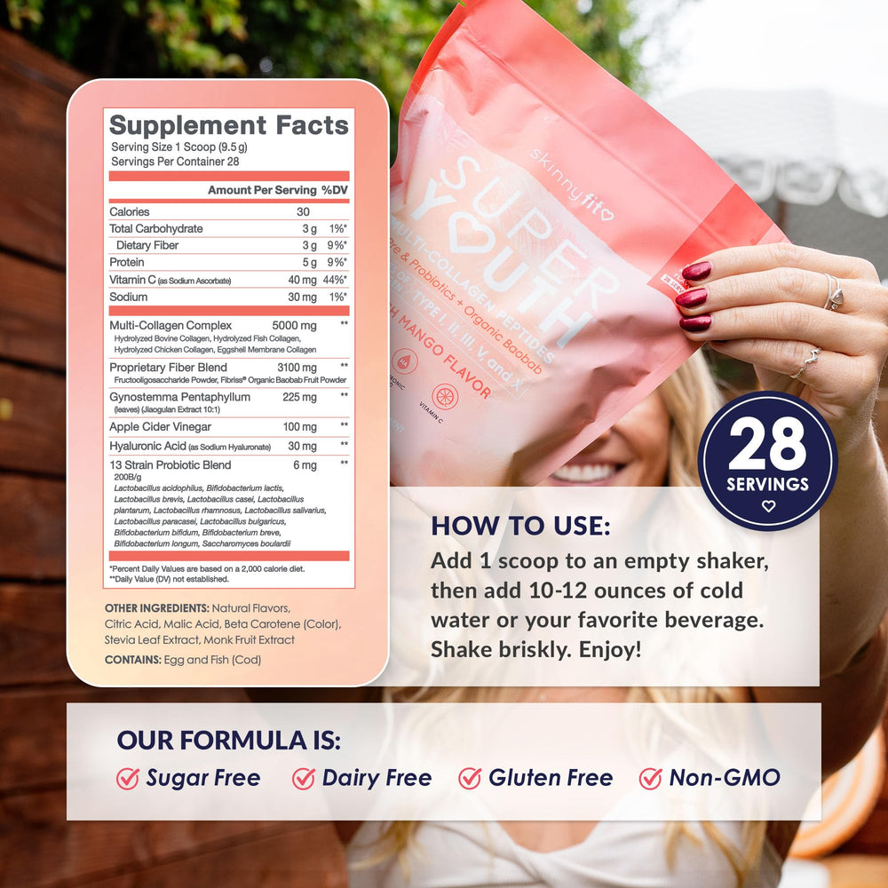 SkinnyFit probiotics and fiber ingredients shown on packaging.