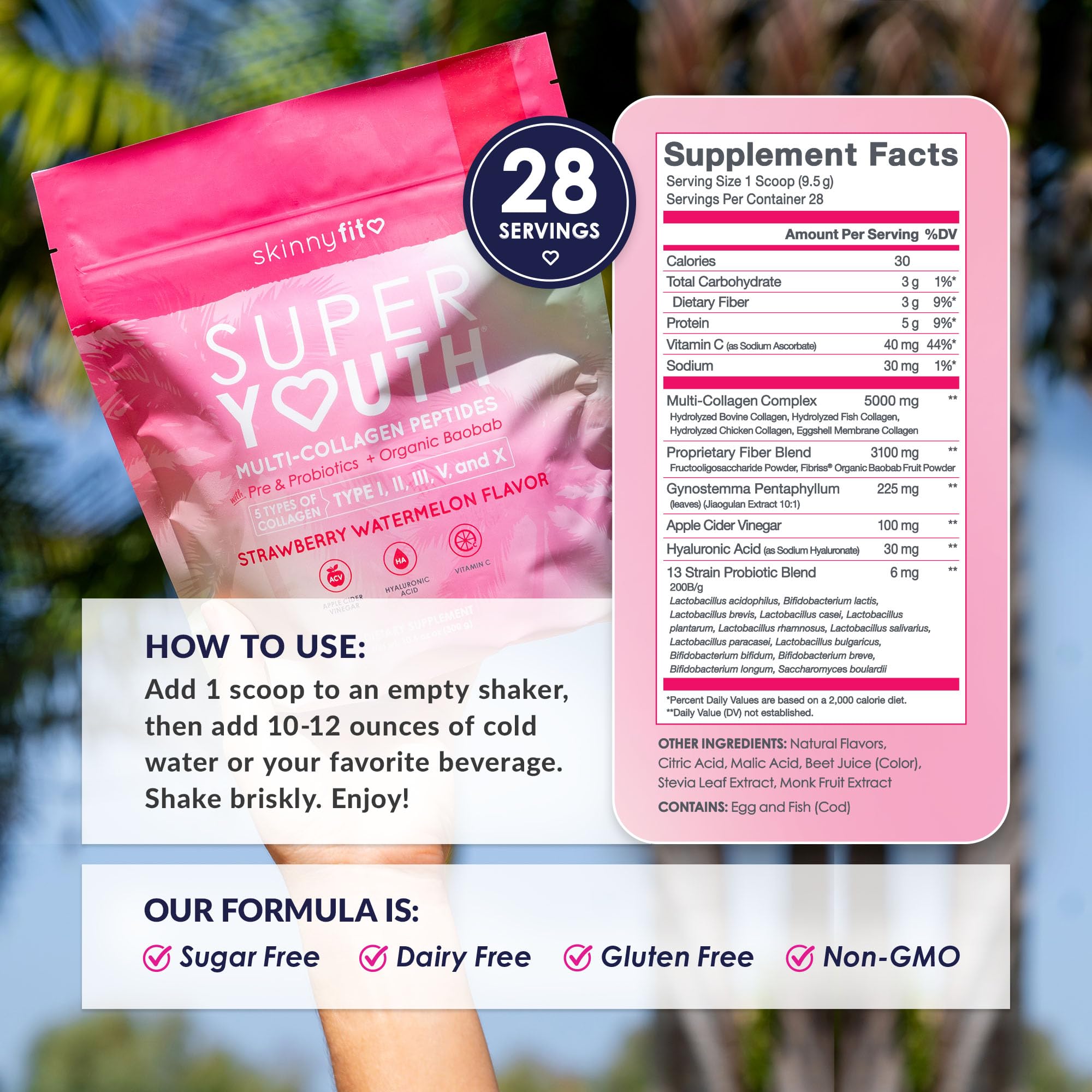SkinnyFit Super Youth Collagen graphic with baobab and probiotics highlighting gut support.