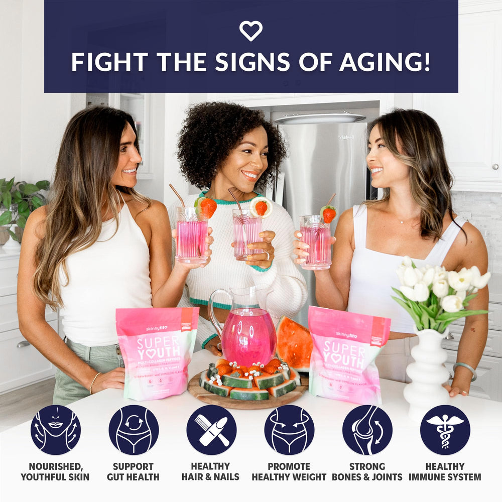 SkinnyFit Super Youth Collagen bottle showing ingredients for multi-collagen benefits.