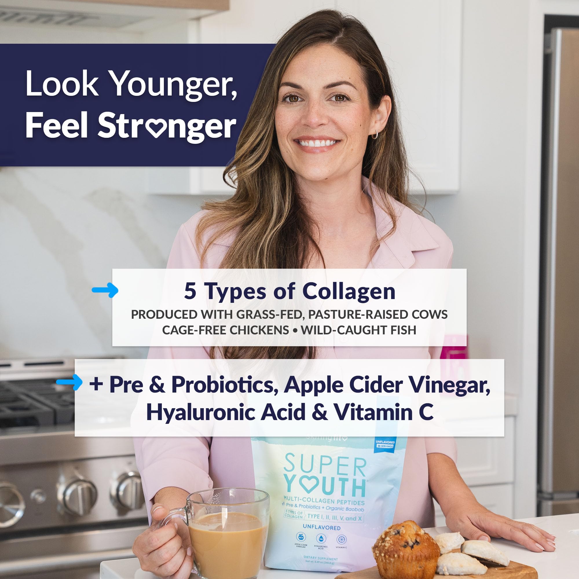 SkinnyFit Super Youth collagen powder scoop showing precise serving for consistency.