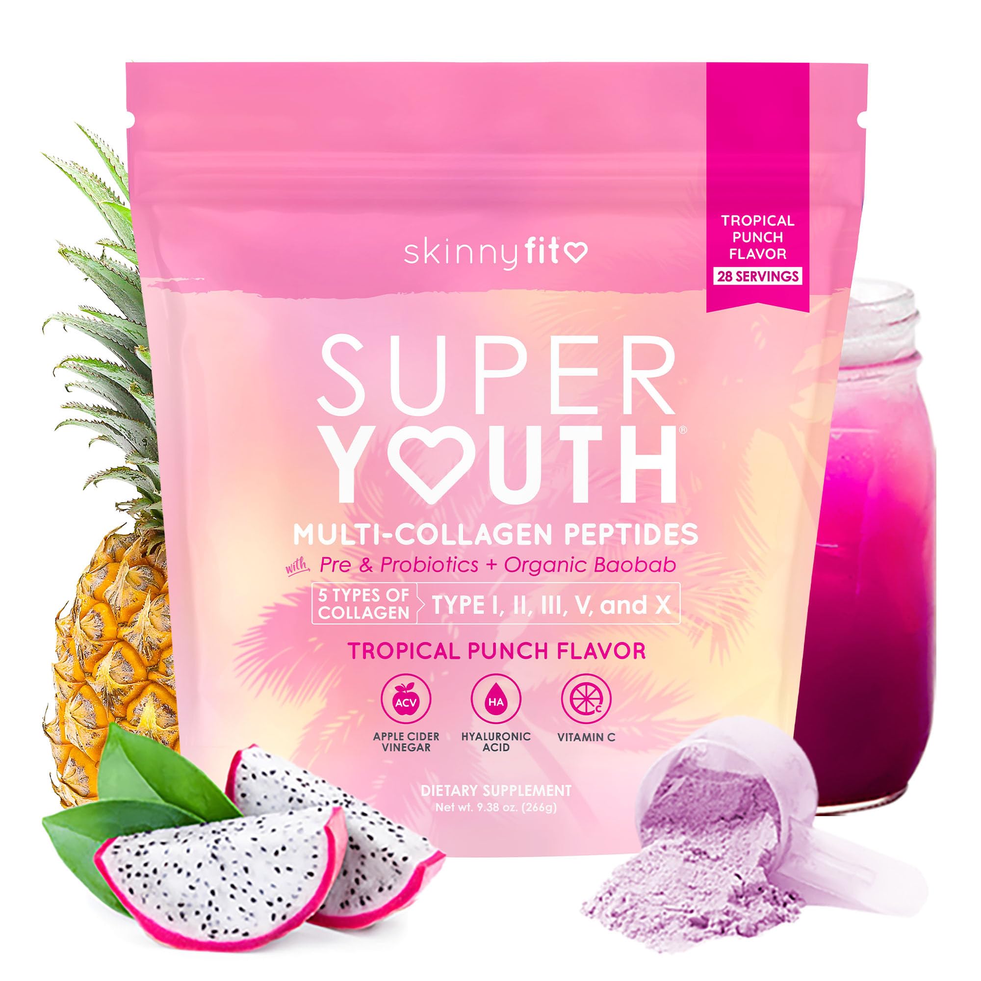 SkinnyFit Super Youth Collagen bottle with Tropical Punch supports skin hydration.