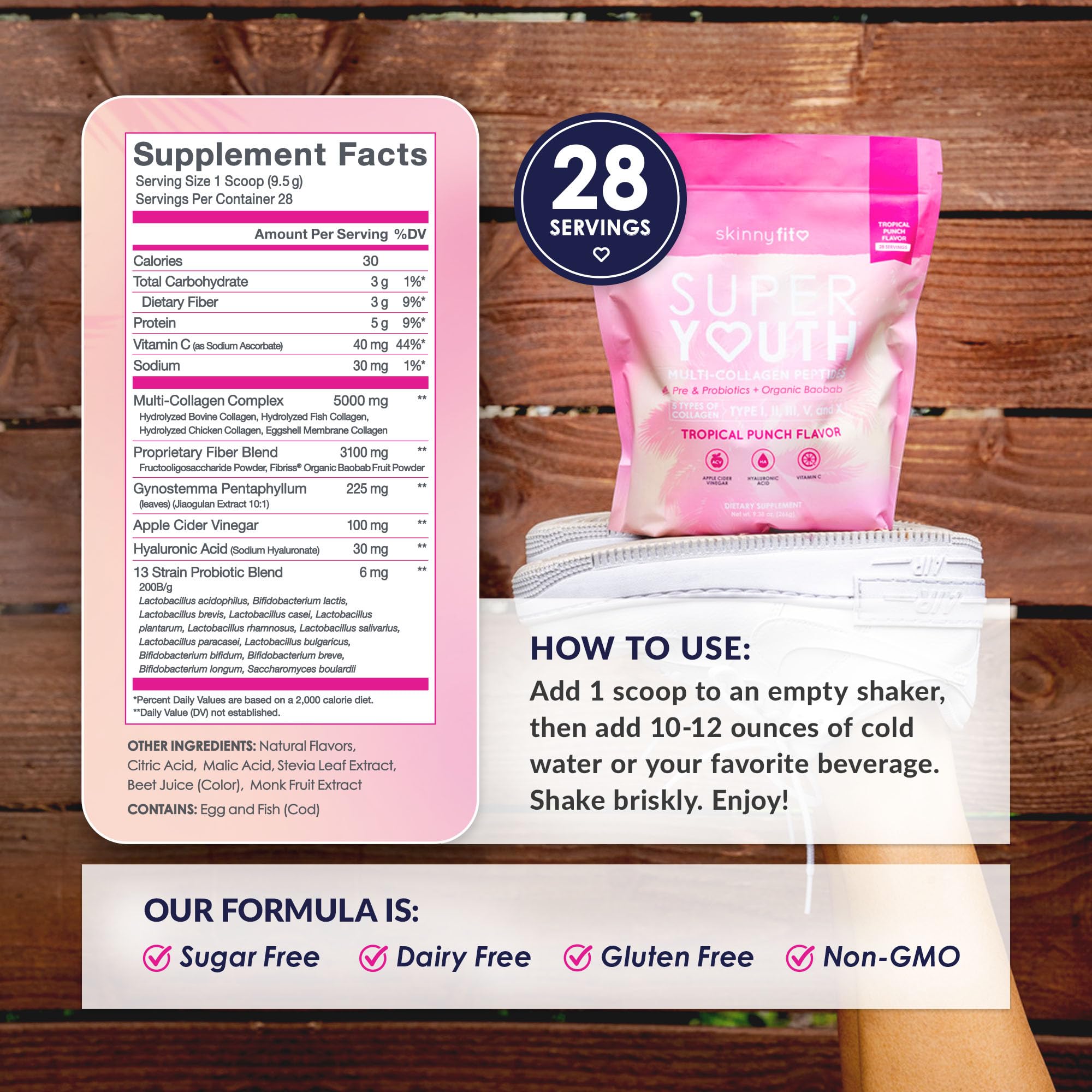 Packaging for SkinnyFit Super Youth Collagen shows clean, non-GMO, gluten-free formulation.
