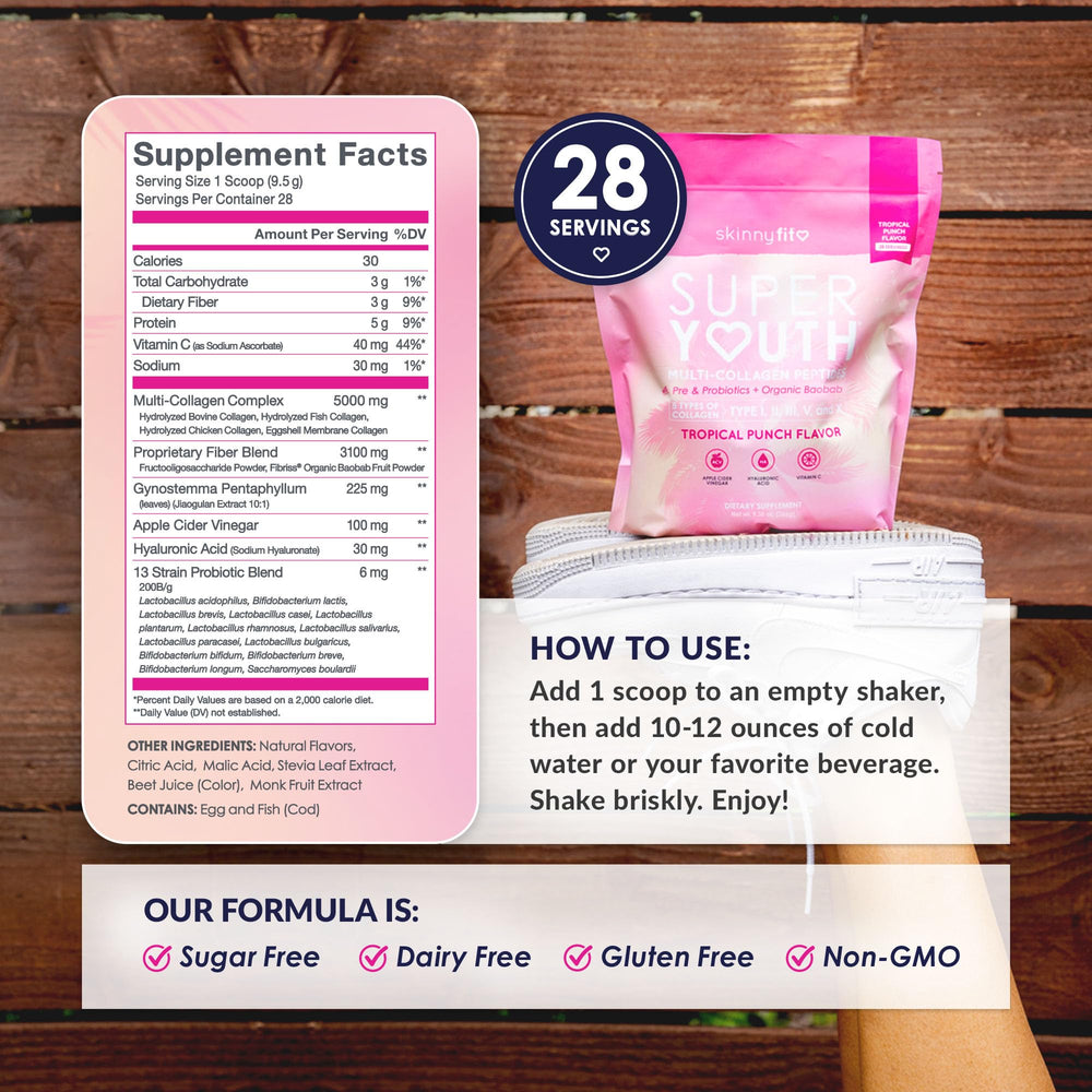 Packaging for SkinnyFit Super Youth Collagen shows clean, non-GMO, gluten-free formulation.