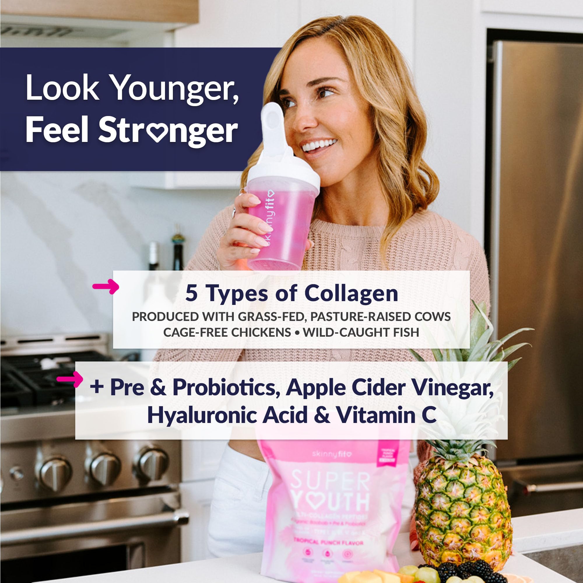 Scoop of SkinnyFit Super Youth Collagen powder ready to mix for convenience.