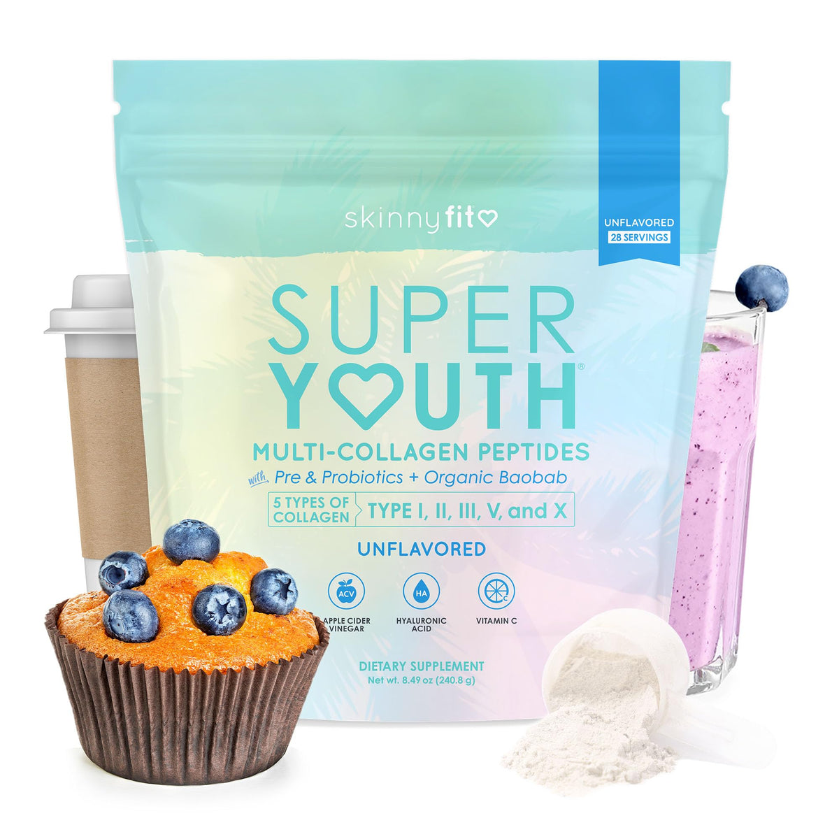 SkinnyFit Super Youth collagen tub for daily beauty support and simple mixing.