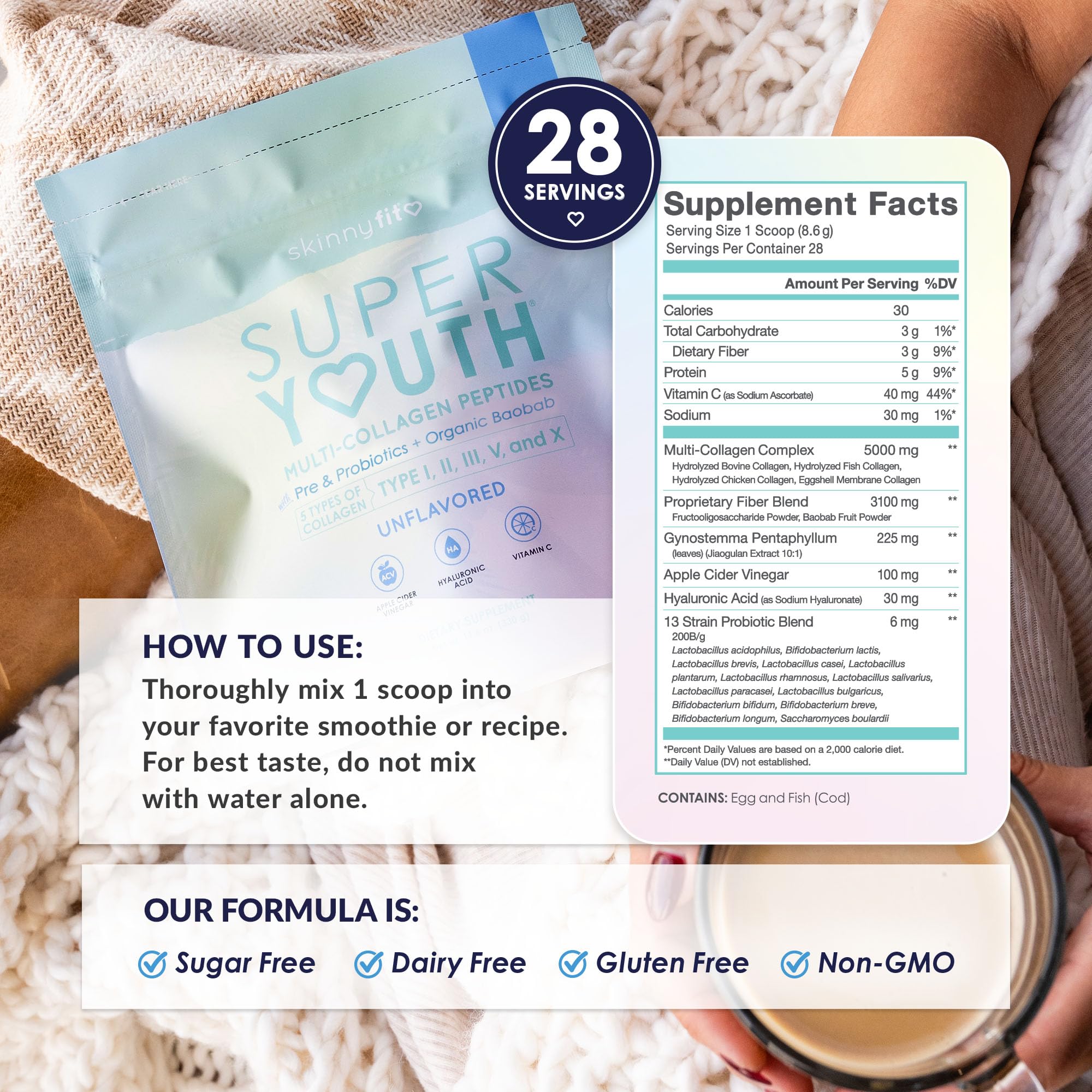 SkinnyFit Super Youth hyaluronic acid glass jar highlighting skin hydration benefits.