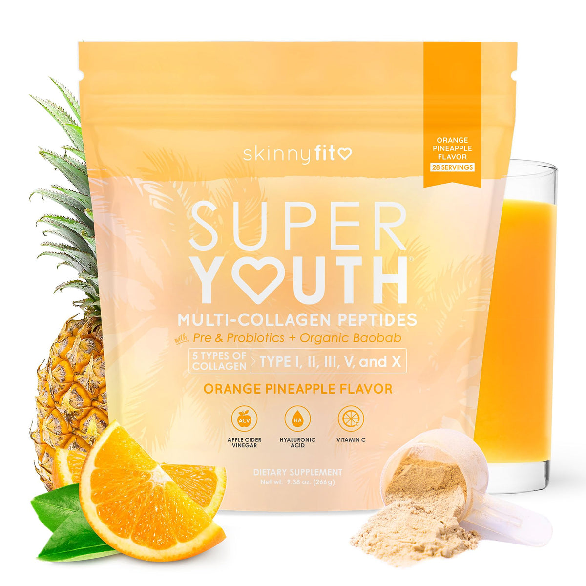 SkinnyFit Super Youth collagen tub front showing orange pineapple flavor for daily beauty support.