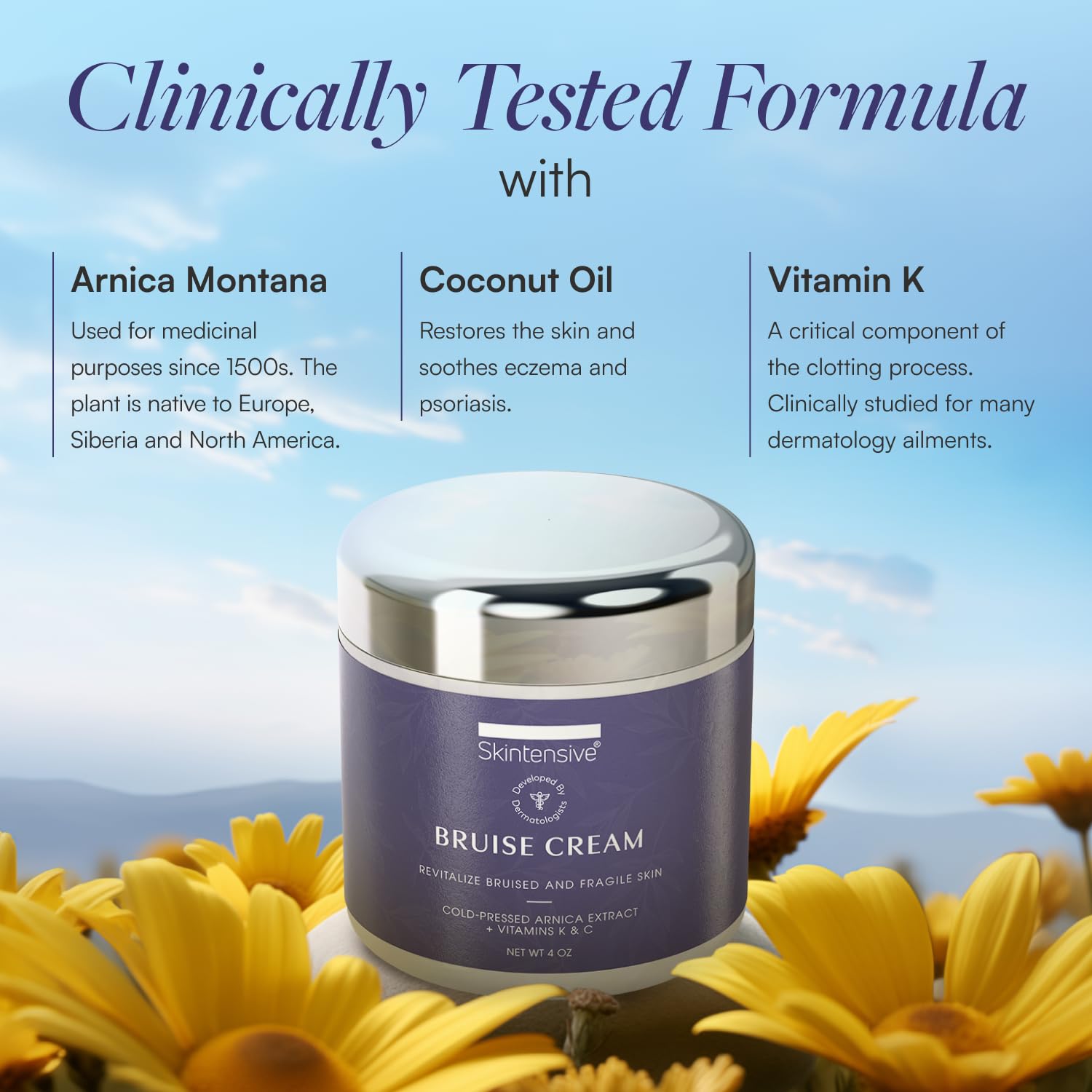 Arnica flower extract visual highlighting natural anti-bruising ingredients.