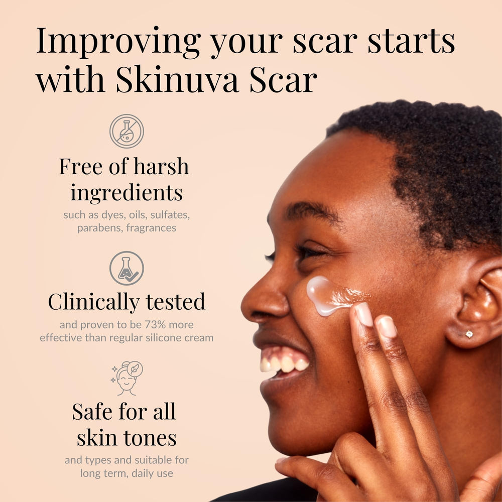 Texture close-up of Skinuva scar cream showing rich formula for scar care.