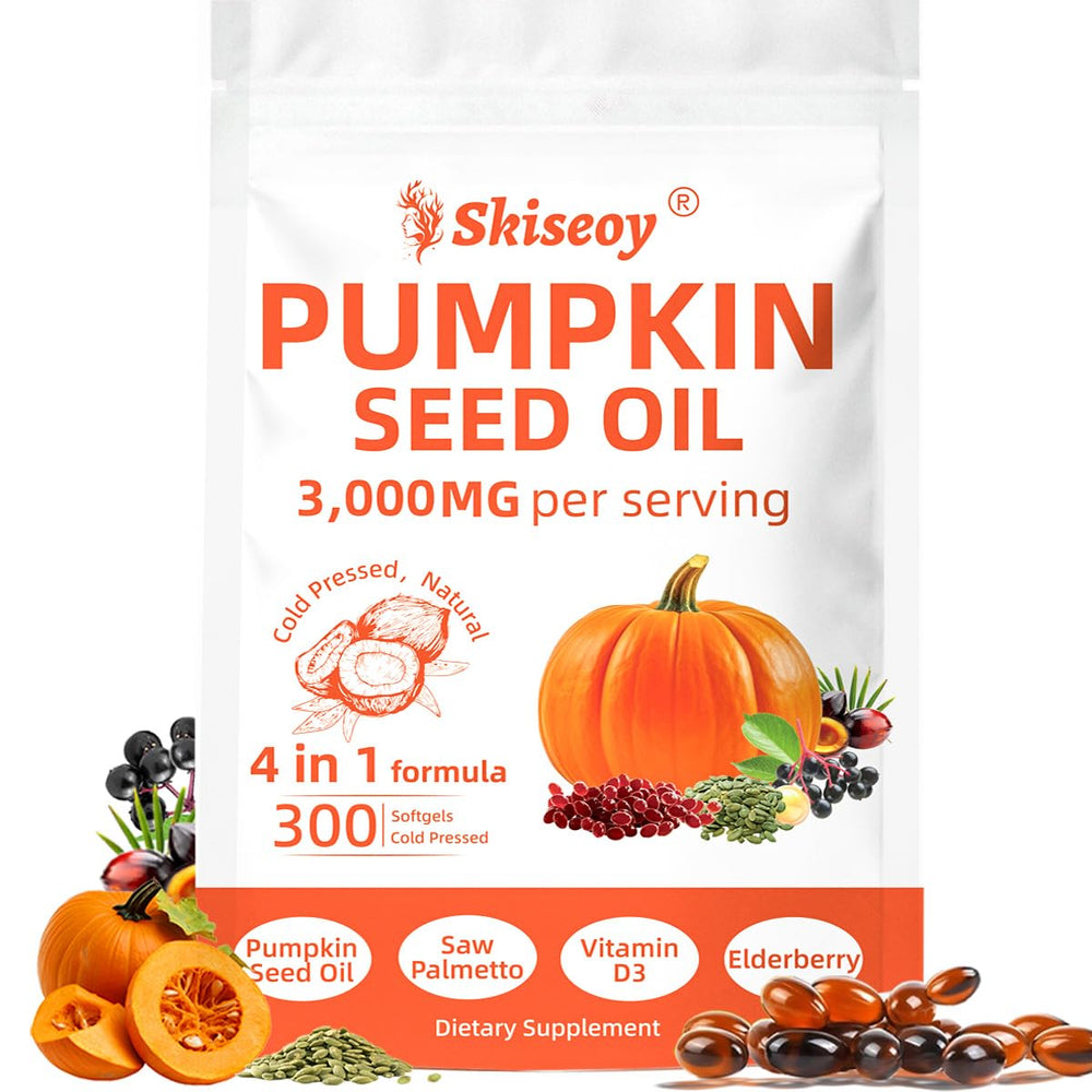 Skiseoy 4-in-1 pumpkin seed oil softgels bottle for daily wellness support.