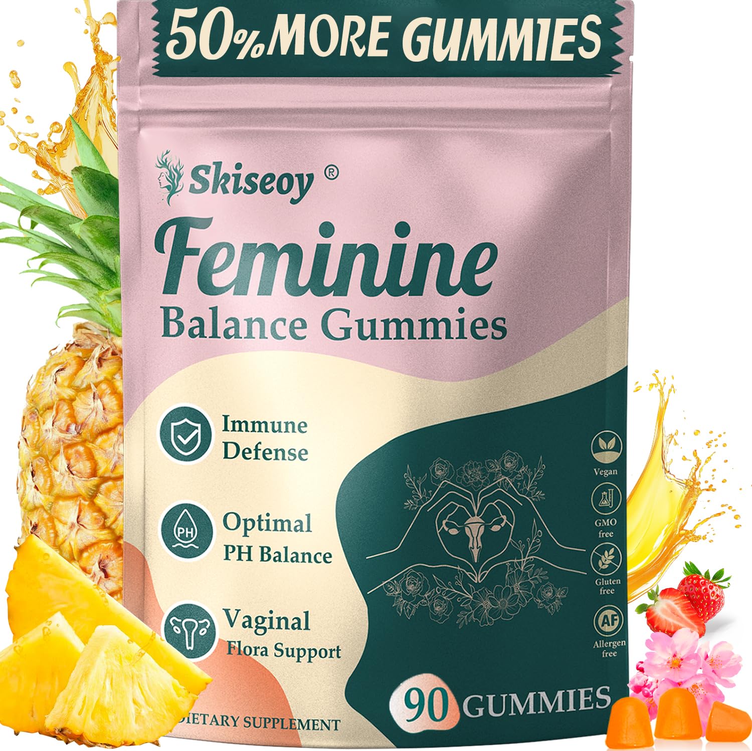 Skiseoy Pineapple Gummies bottle highlighting feminine balance and immune support.
